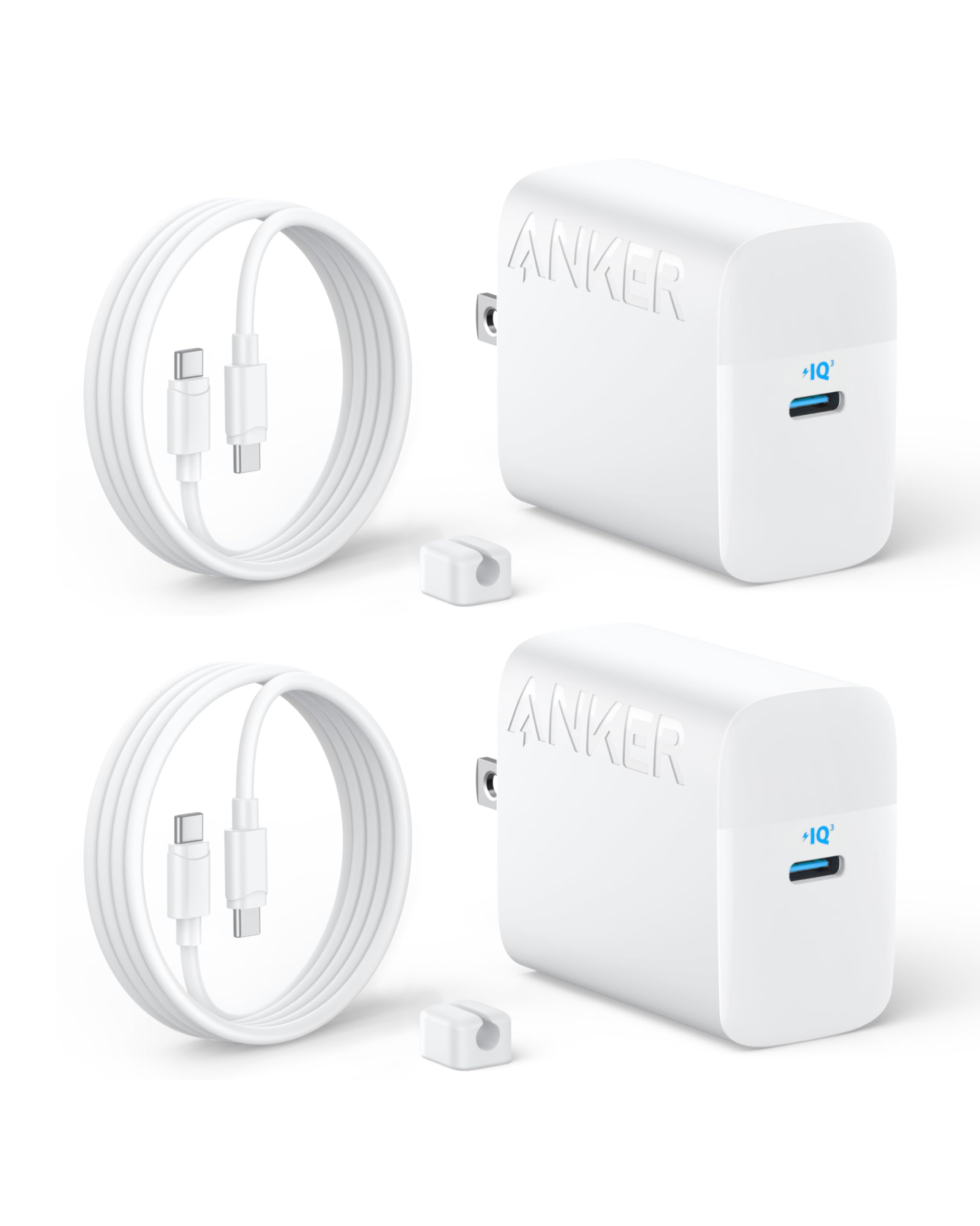 Anker cargador 45W frente y empaque mostrando doble unidad y accesorios