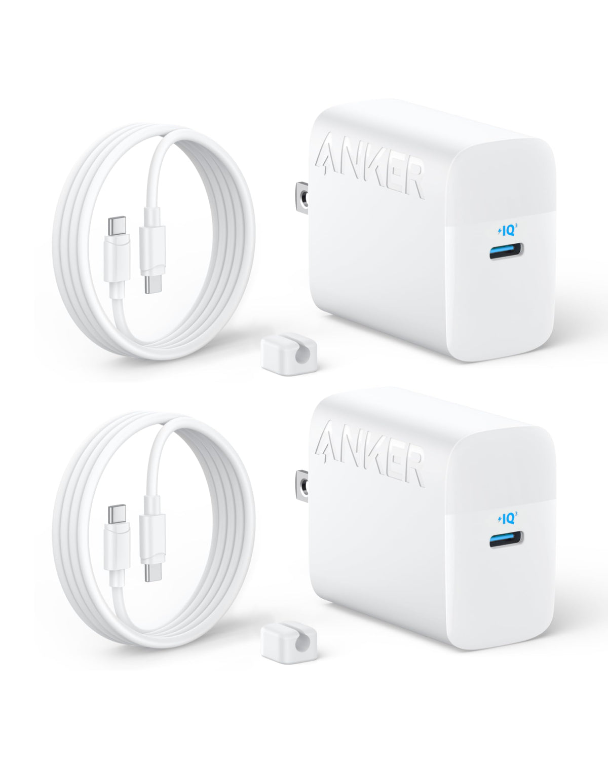 Anker cargador 45W frente y empaque mostrando doble unidad y accesorios
