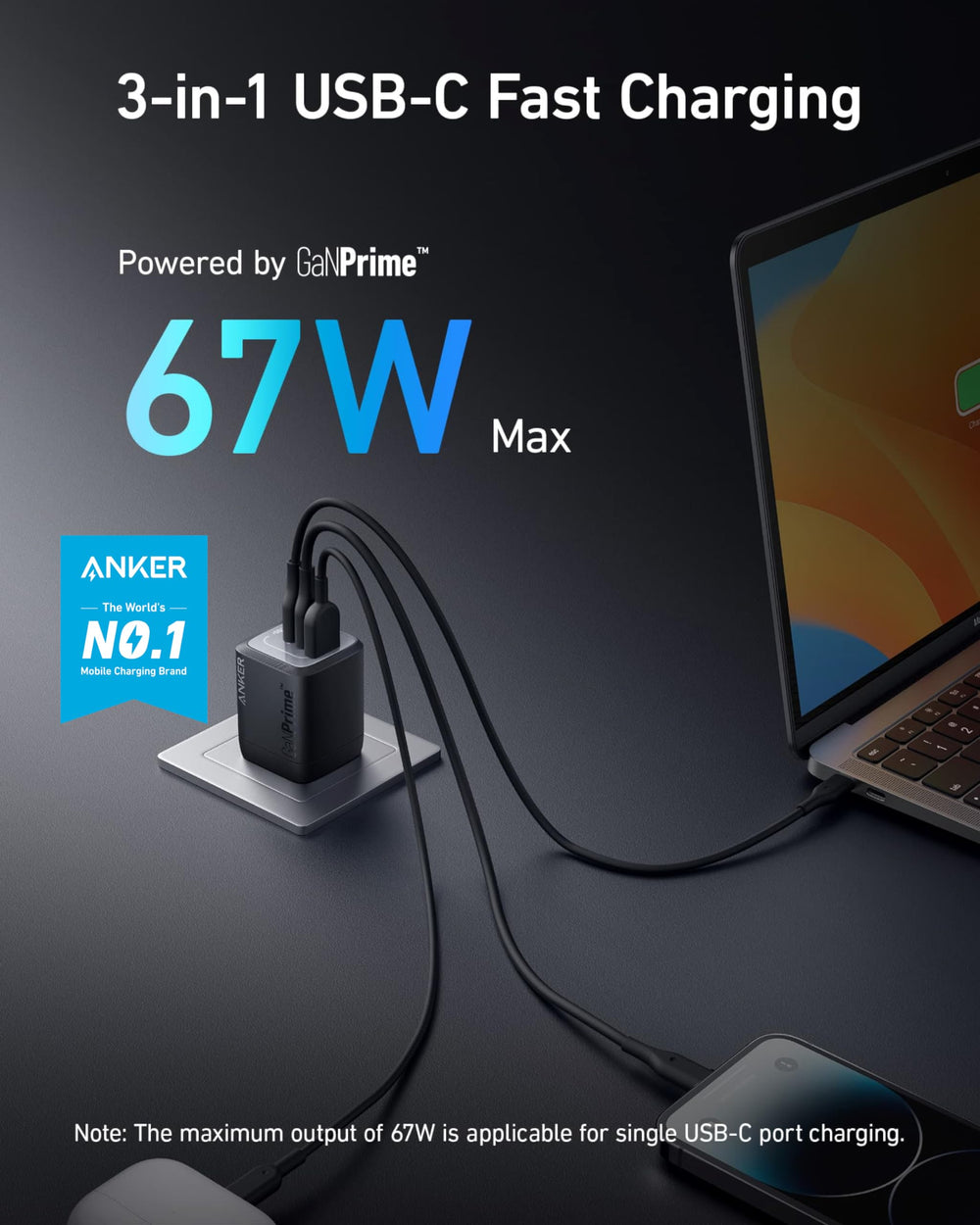 Anker puertos USB-C y USB-A en primer plano para carga múltiple rápida