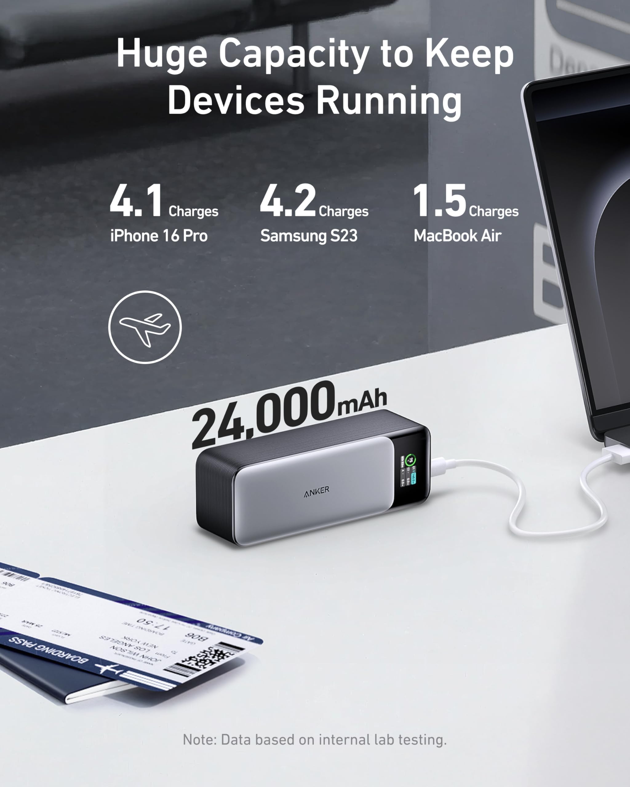 Anker 737 junto a un teléfono para comparar tamaño y portabilidad