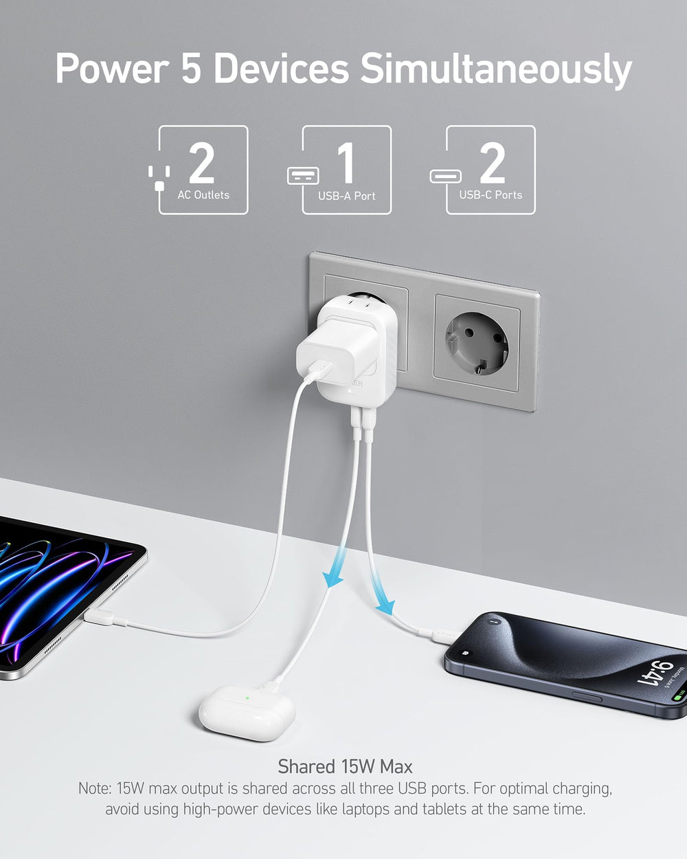 Anker adaptador en uso en habitación con laptop y smartphone cargando al mismo tiempo