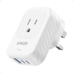 Anker adaptador de viaje frente mostrando clavijas Type G y forma compacta para transporte seguro