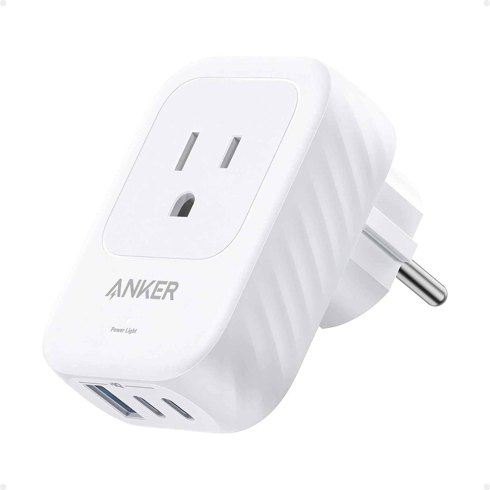 Anker adaptador vista frontal mostrando tomas AC y puertos USB para múltiples cargas