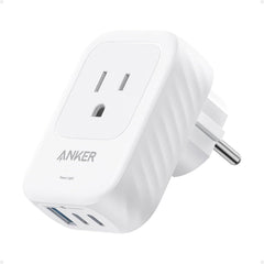 Anker adaptador vista frontal mostrando tomas AC y puertos USB para múltiples cargas