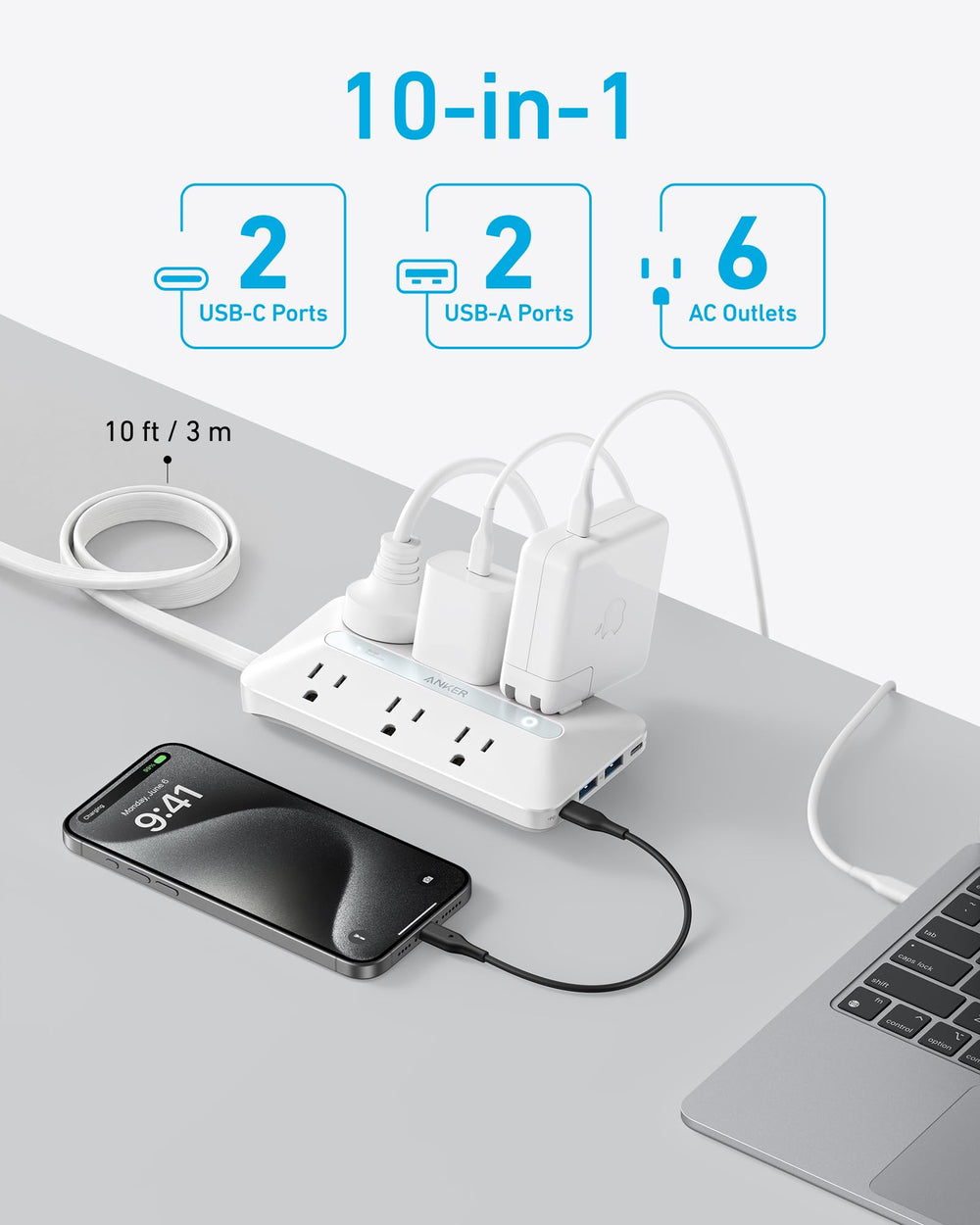 Anker regleta con cable de 10 pies extendido, mayor alcance práctico
