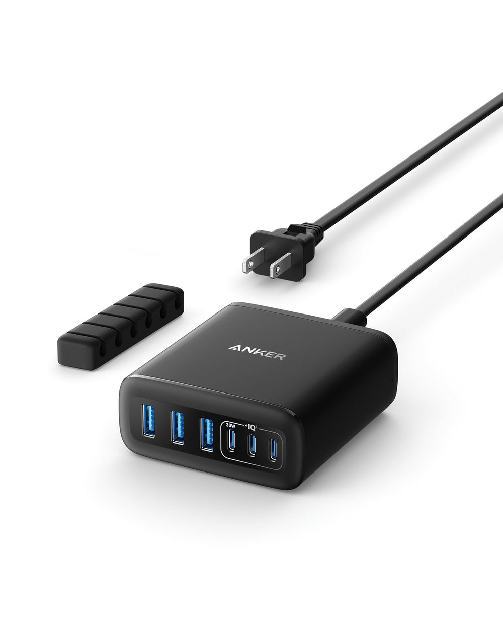 Anker cargador de escritorio frontal mostrando sus seis puertos y beneficio de carga múltiple