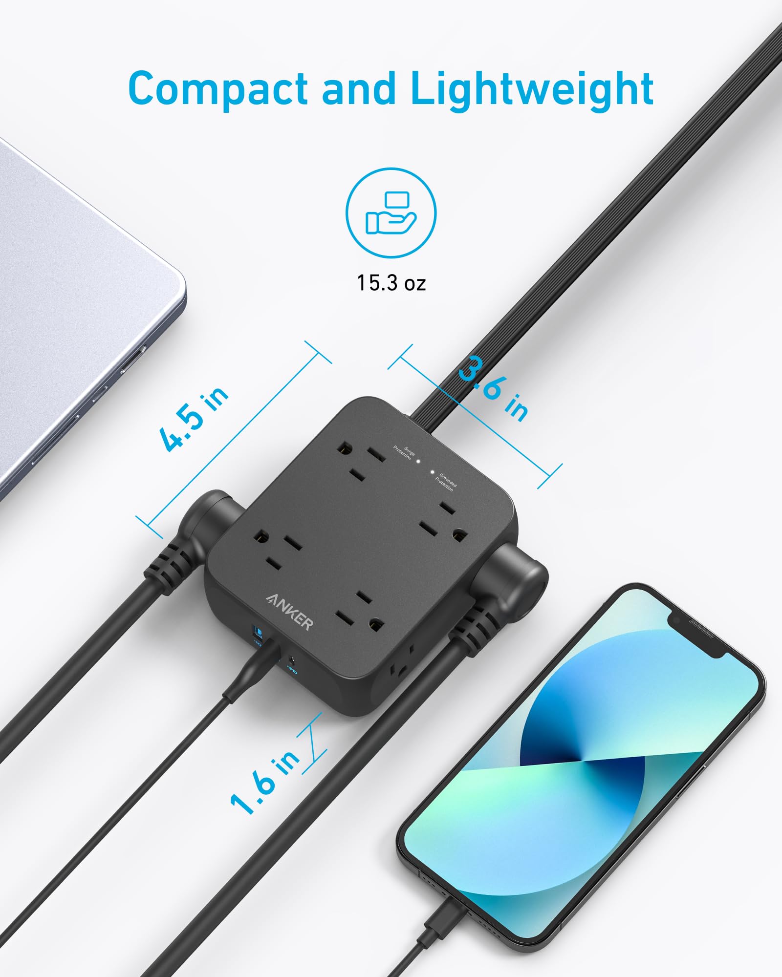 Anker comparación de tamaño con taza, diseño compacto y fácil de colocar