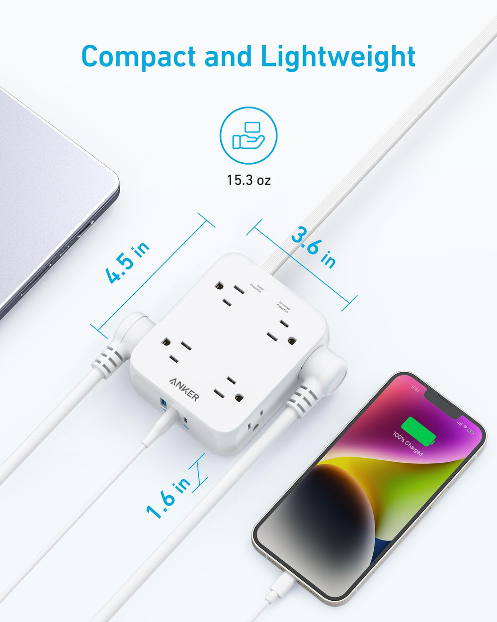 Anker comparación de tamaño con taza para demostrar diseño compacto