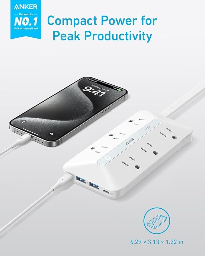 Anker detalle de puertos AC, USB-A y USB-C, carga múltiple rápida