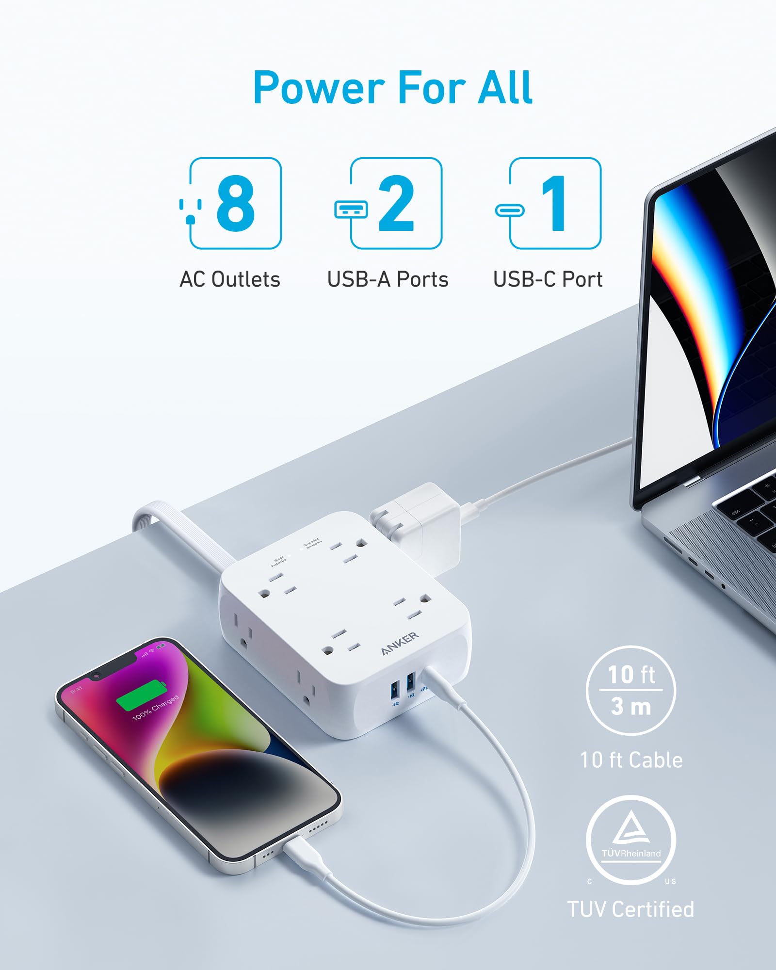 Anker detalle de puertos USB-A y USB-C 20W para carga rápida segura