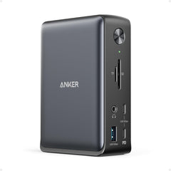 Anker docking station frontal mostrando puertos y diseño compacto