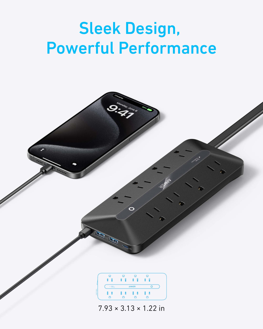 Anker regleta en uso sobre escritorio con laptop y móvil, reduce desorden