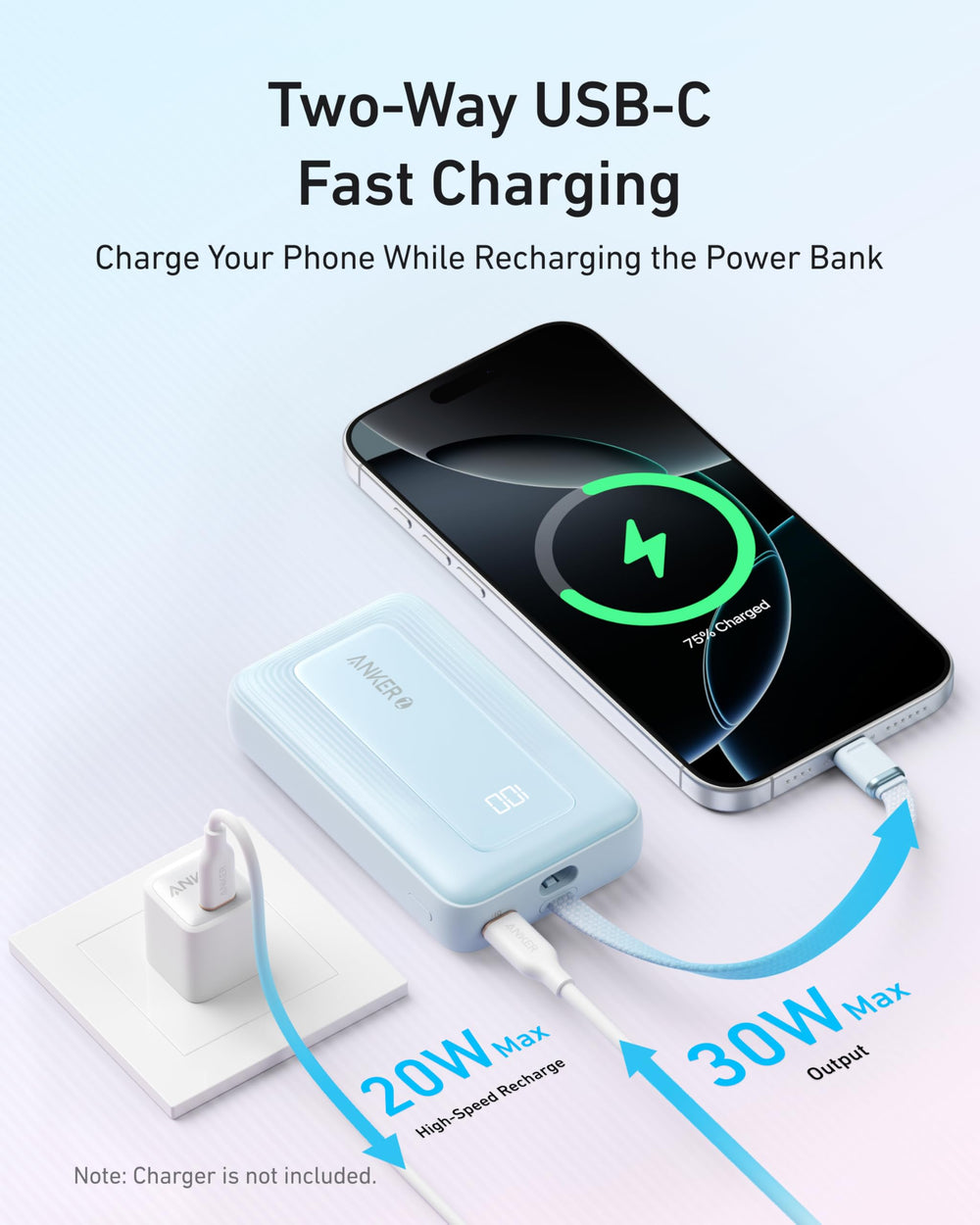 Anker power bank cargando un teléfono, energía rápida en movimiento