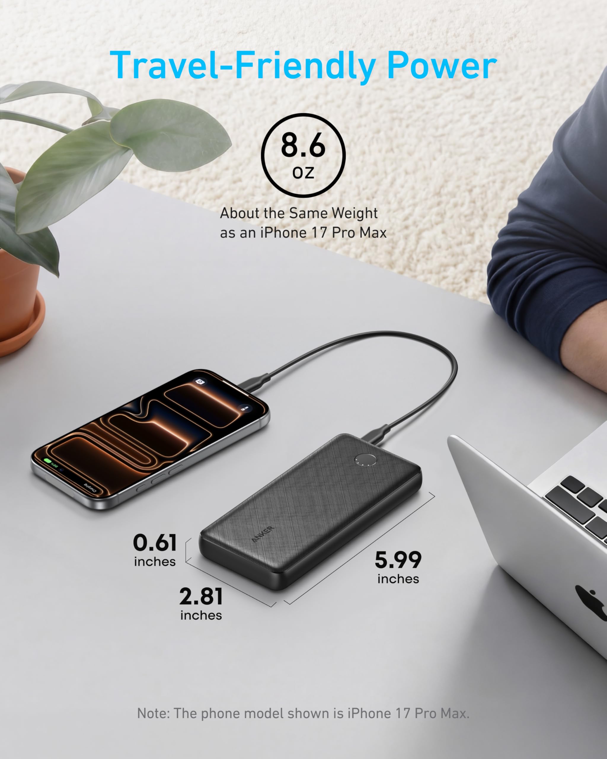Anker etiqueta y especificaciones mostrando capacidad y seguridad integrada