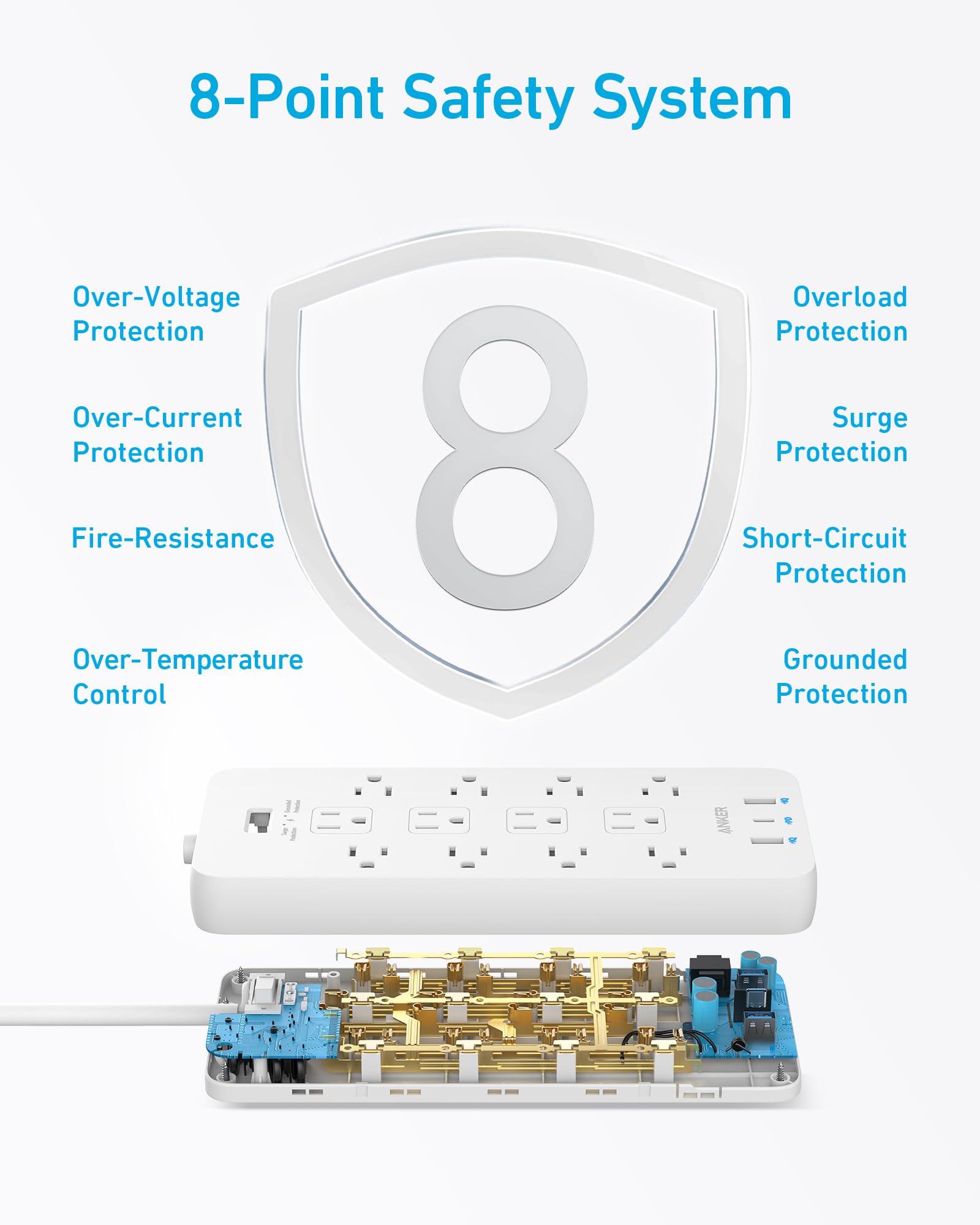 Anker etiqueta con especificaciones y certificaciones, muestra protección y confianza