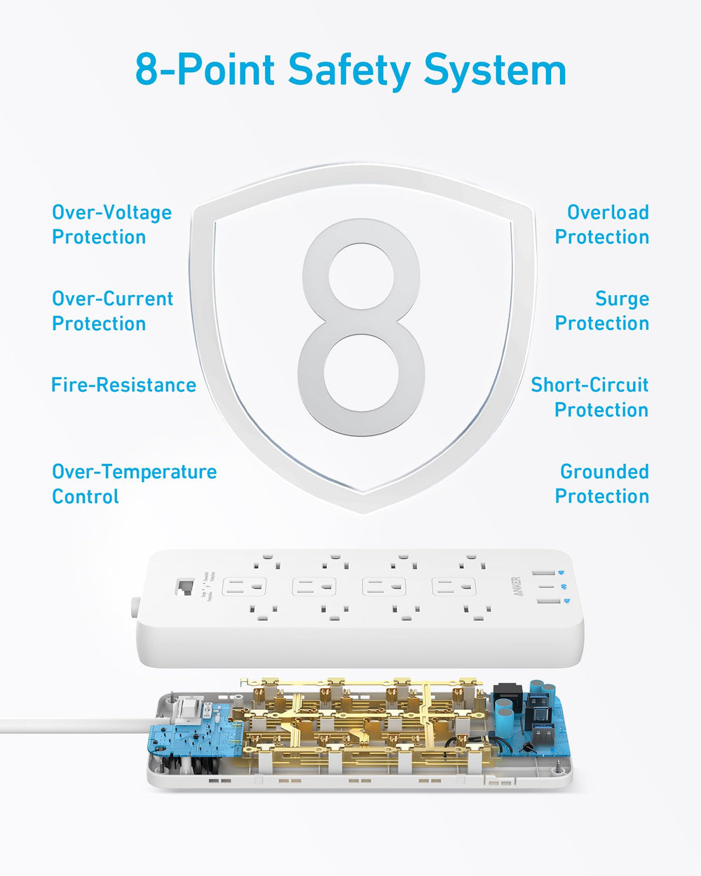 Anker etiqueta con especificaciones y certificaciones, muestra protección y confianza