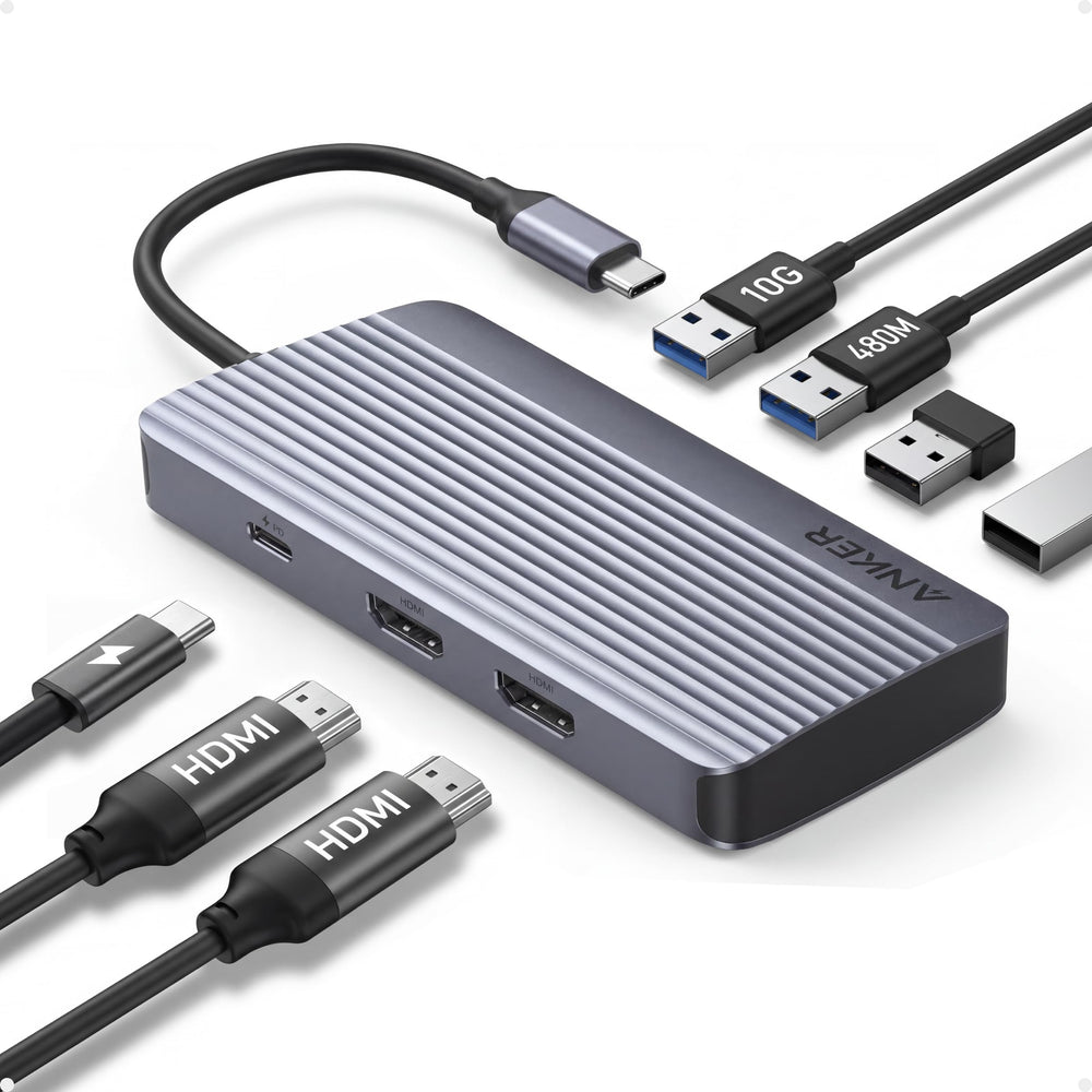 Anker hub 7 en 1 frontal mostrando puertos y diseño compacto