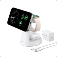 Anker MagGo 3‑in‑1 frontal mostrando carga múltiple y orden en escritorio