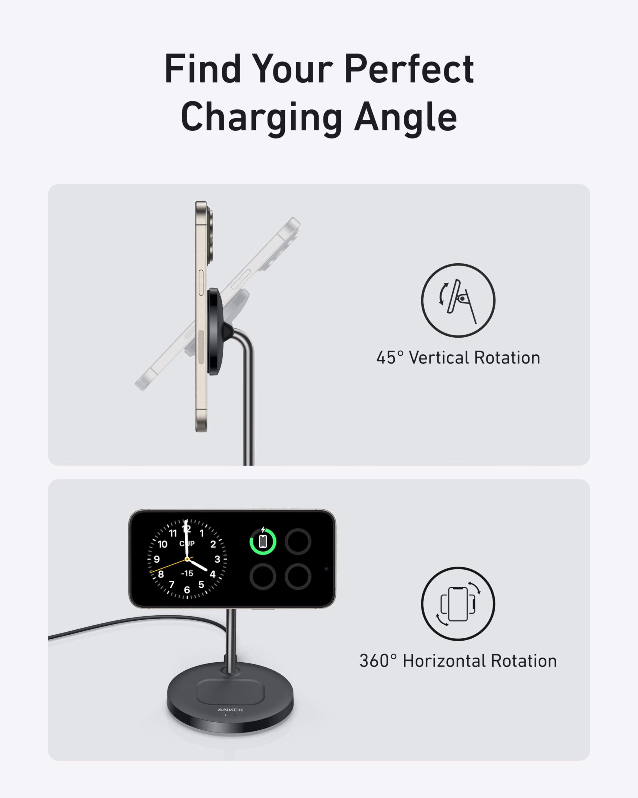 Perfil lateral Anker MagGo con ajuste a 45° y rotación 360° para mejor ángulo
