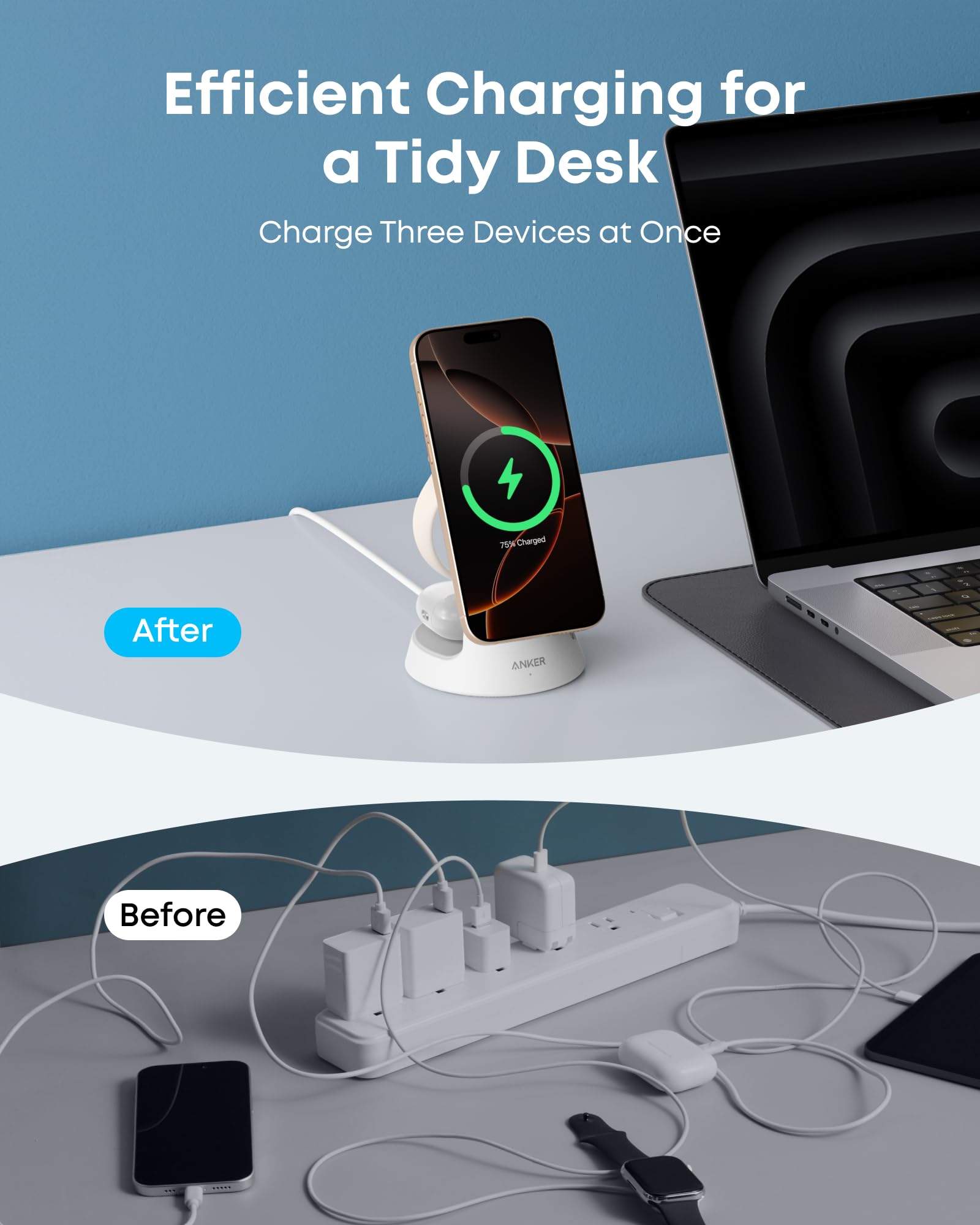 Anker MagGo comparación de tamaño junto a un teléfono para escala