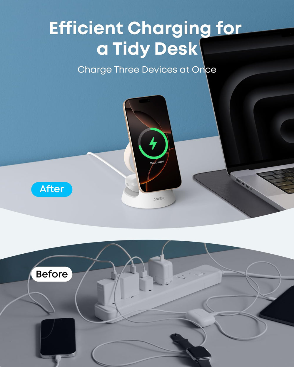 Anker MagGo comparación de tamaño junto a un teléfono para escala