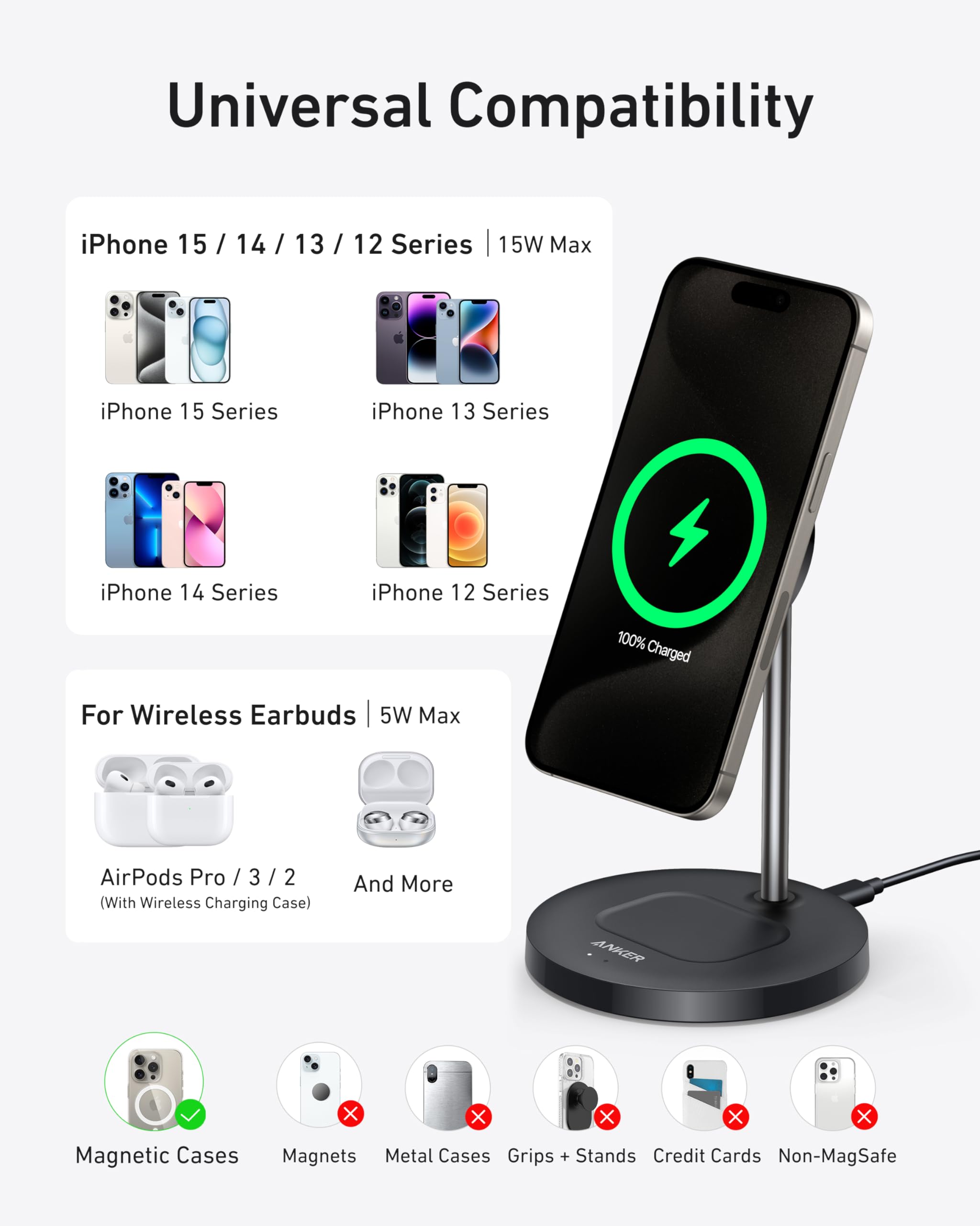 Anker MagGo en escritorio con teléfono en uso y auriculares cargando cómodamente