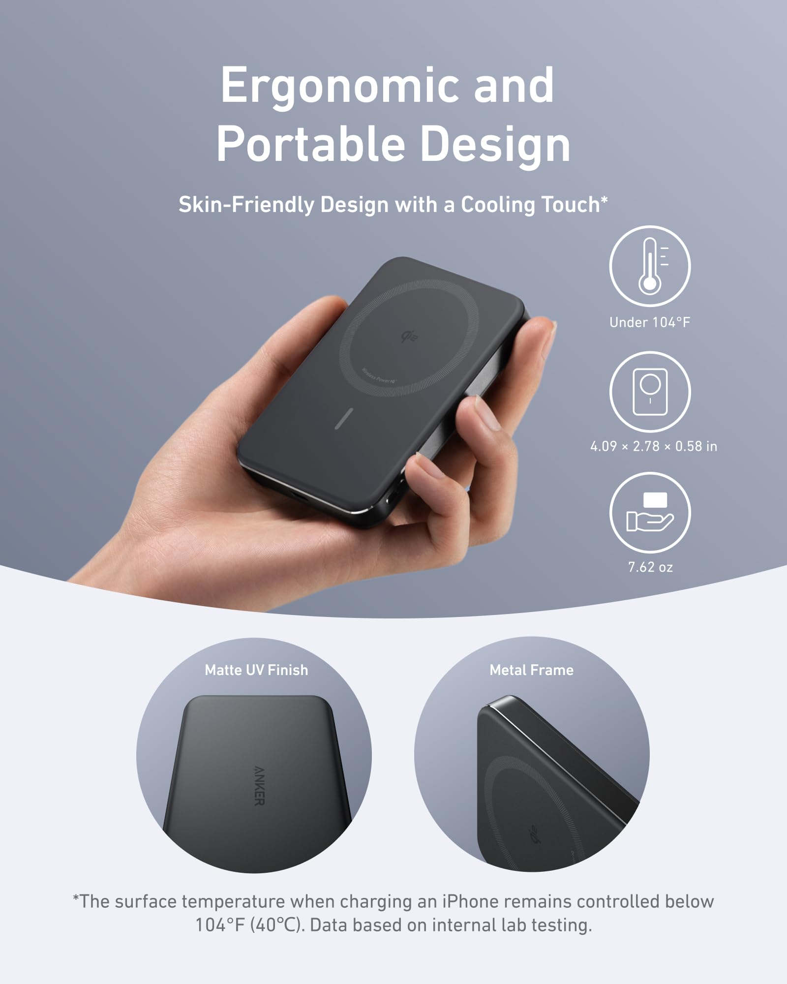 Anker MagGo primer plano del acabado mate, aspecto elegante y agarre seguro