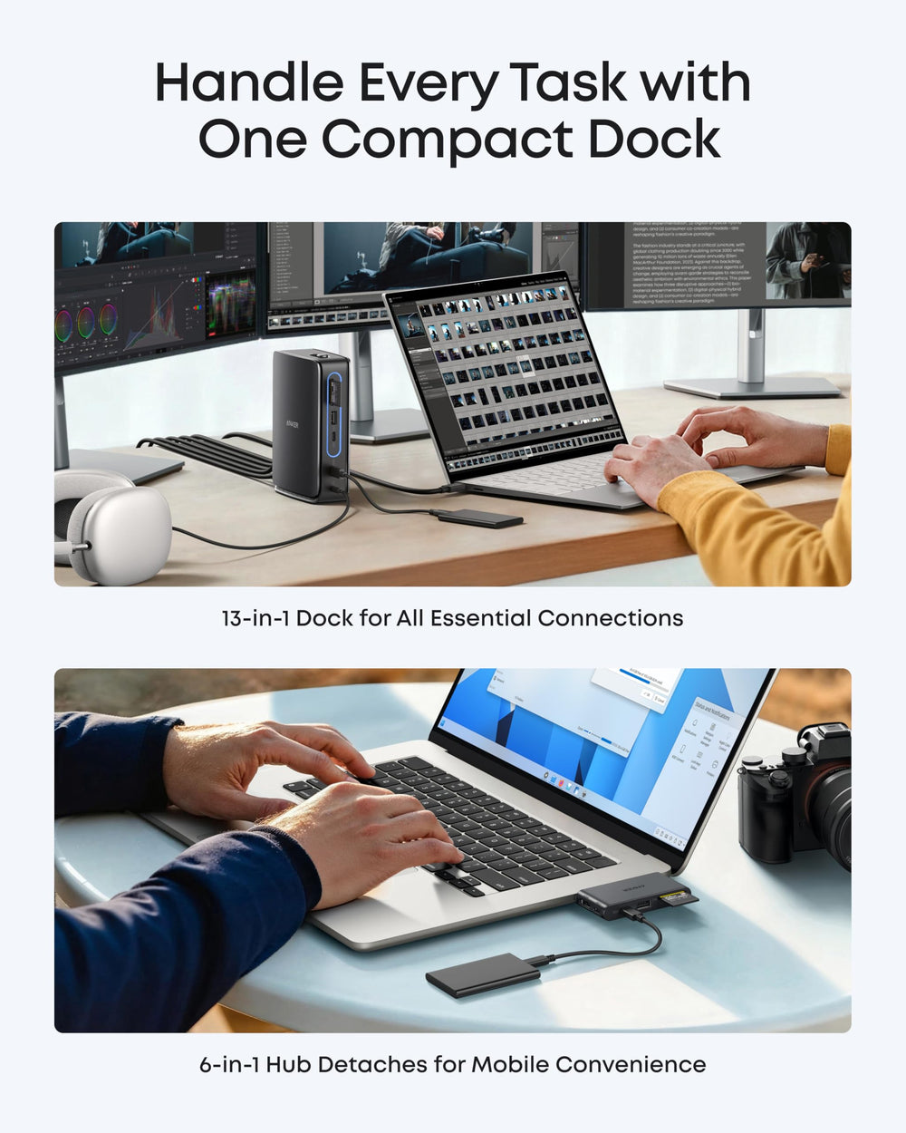 Anker Nano con tres monitores conectados mostrando capacidad multimonitor