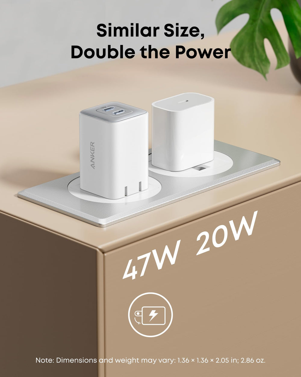 Anker Nano 523 comparación de tamaño con cargador 20W, ideal para viajar