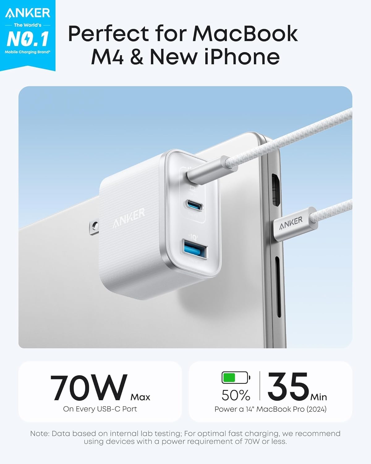 Anker Nano 70W primer plano de textura y marco metálico, acabado premium