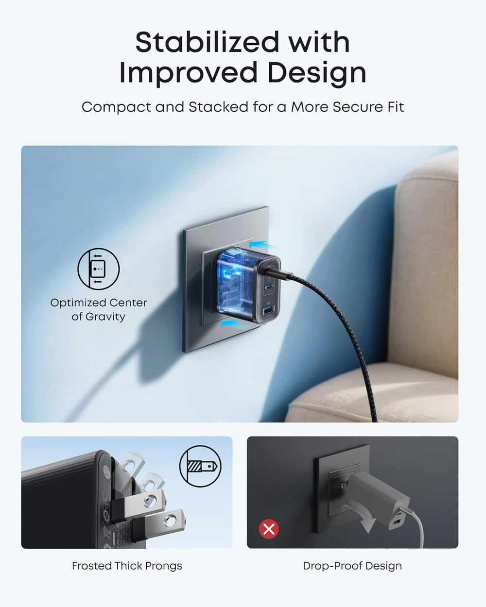 Anker Nano 70W en escritorio con smartphone y laptop, carga simultánea fiable Anker