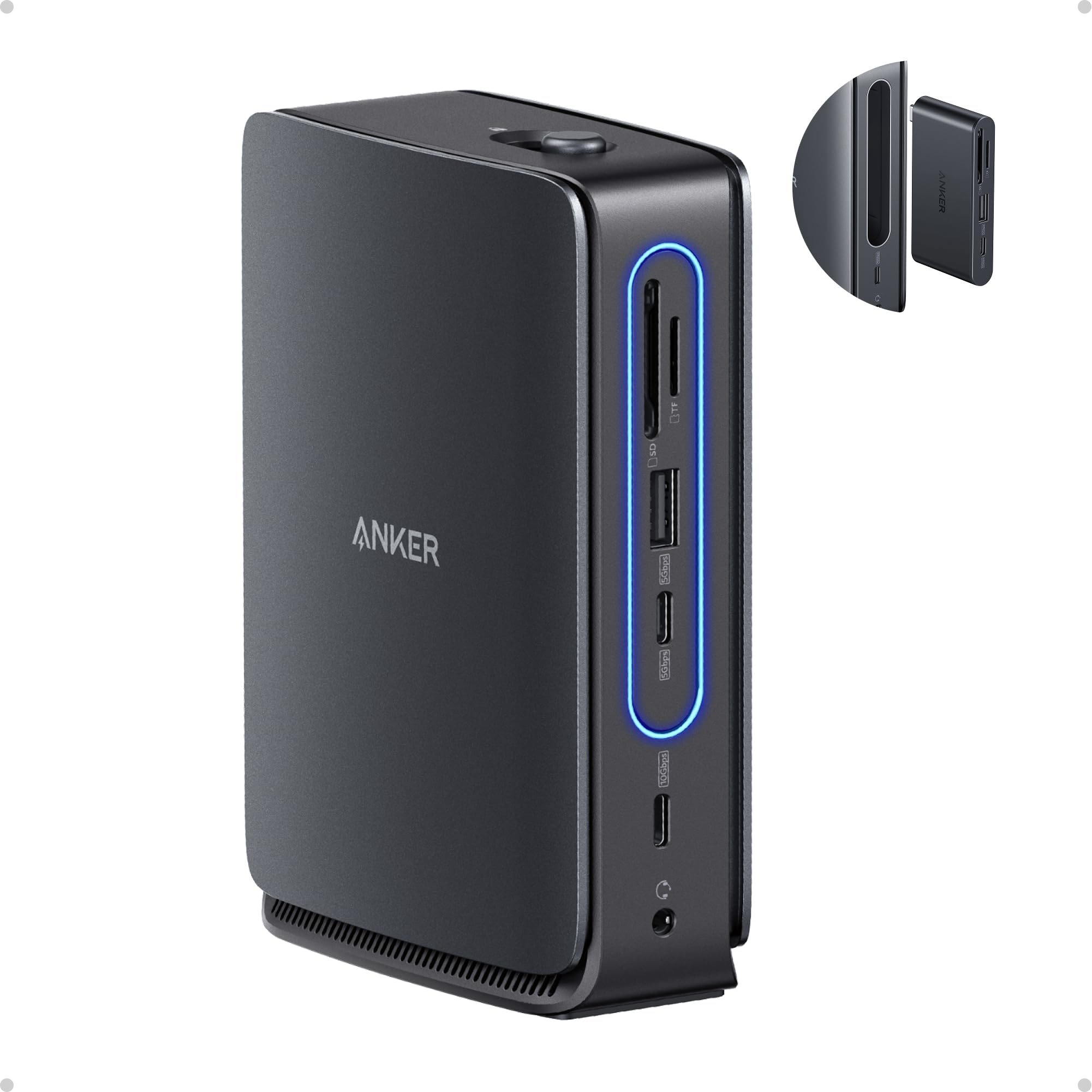 Anker Nano vista frontal mostrando todos los puertos y organización eficiente