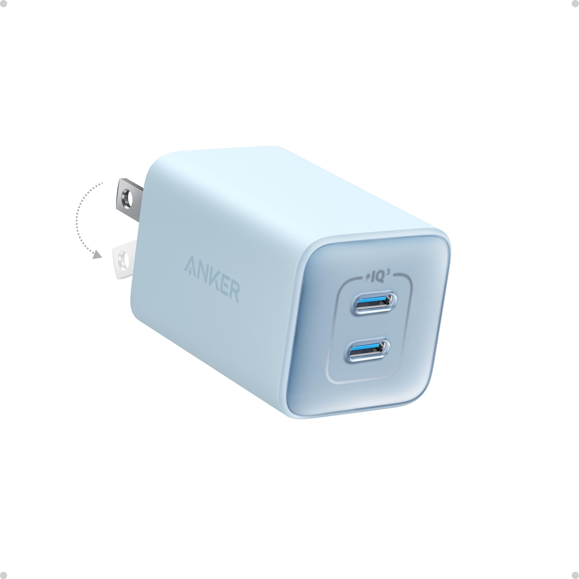 Anker Nano frontal del cargador compacto mostrando dos puertos USB-C y su diseño portátil