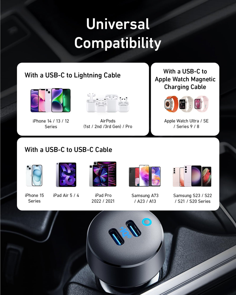 Anker PowerDrive III Duo comparación de tamaño junto a una llave para escala