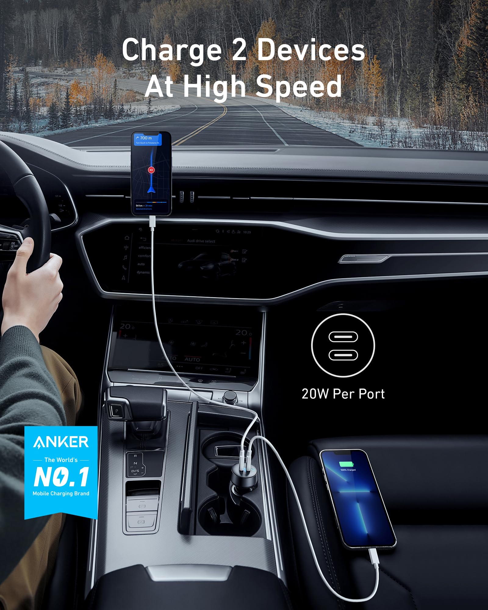 Anker PowerDrive III Duo detalle de dos puertos USB-C para conexión simultánea