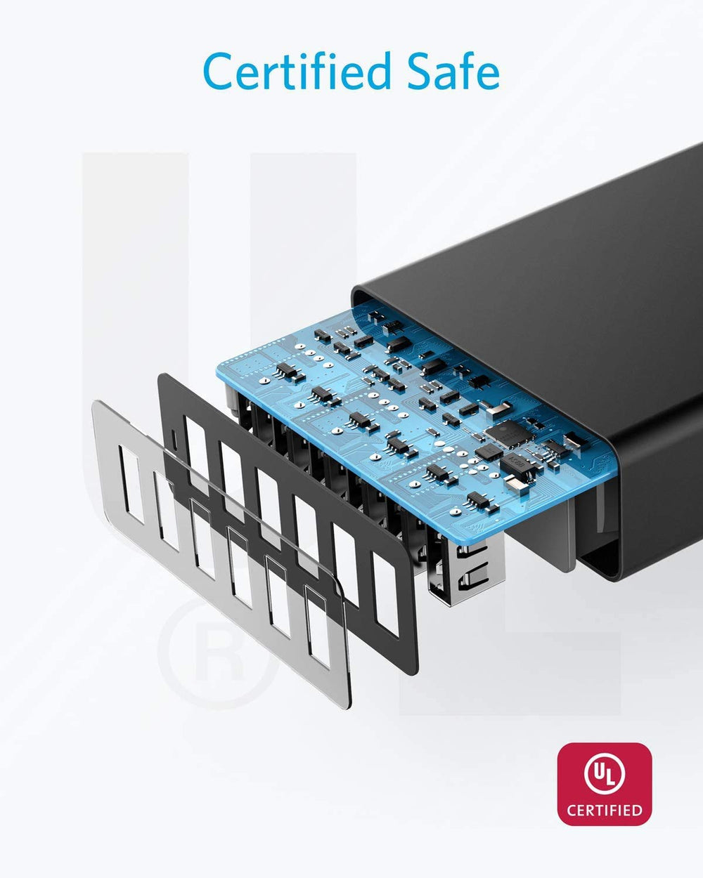 Anker PowerPort 6 etiqueta con certificación UL demostrando seguridad y confianza