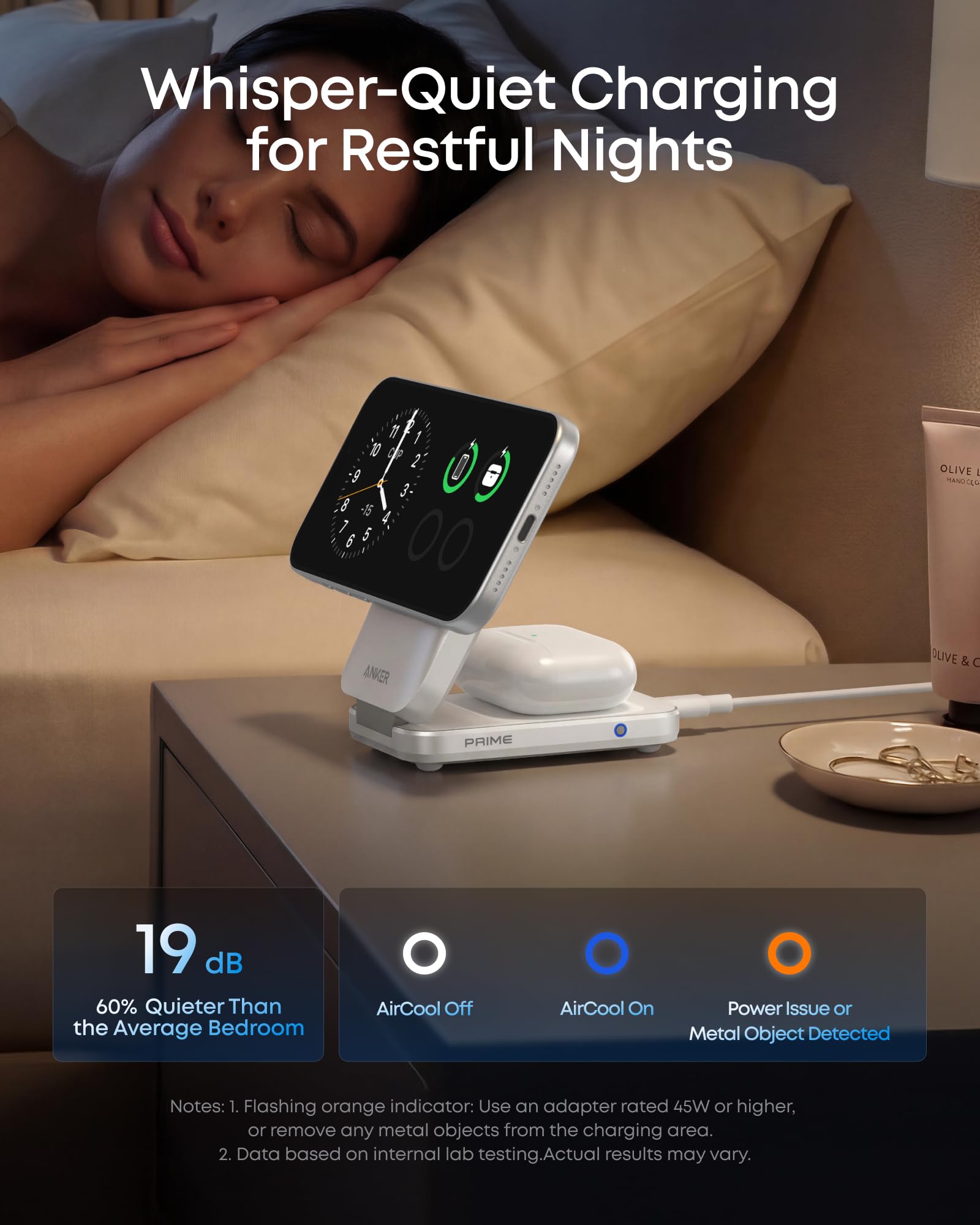 Anker Prime cargando iPhone, Apple Watch y AirPods simultáneamente en una estación