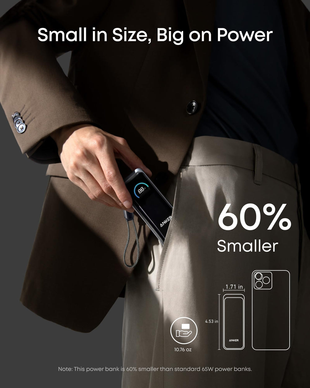 Anker Prime junto a smartphone para comparar tamaño y peso