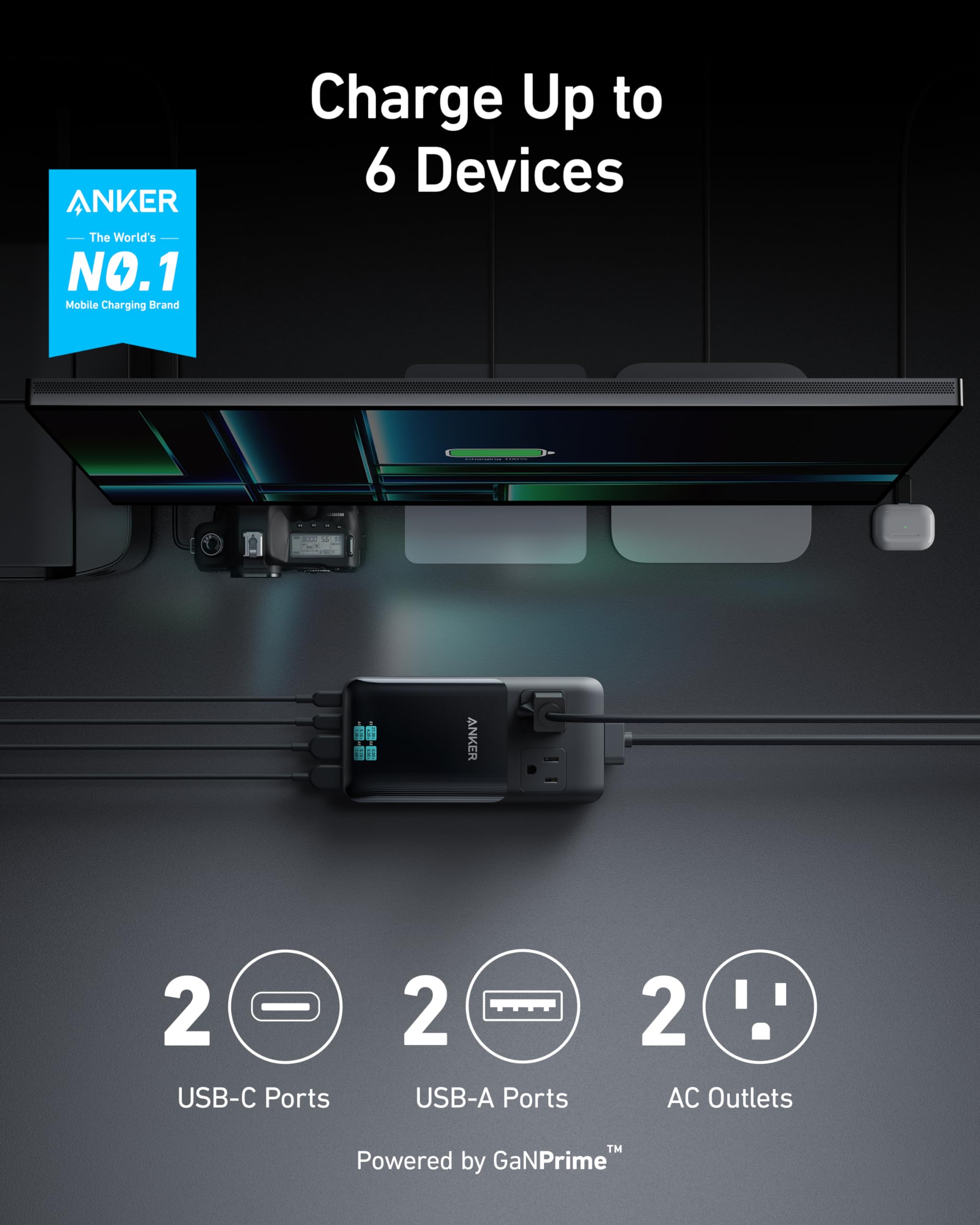 Anker Prime primer plano de puertos USB-C y USB-A para carga rápida segura