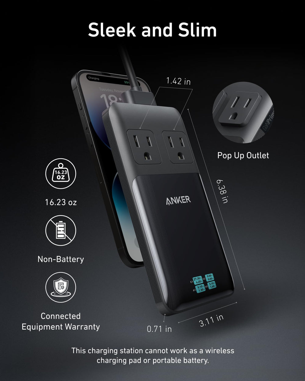 Anker Prime comparación de tamaño junto a una tableta para referencia de viaje