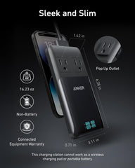 Anker Prime comparación de tamaño junto a una tableta para referencia de viaje