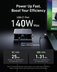 Anker Prime en escritorio de oficina alimentando portátil, teléfono y tablet mejorando productividad