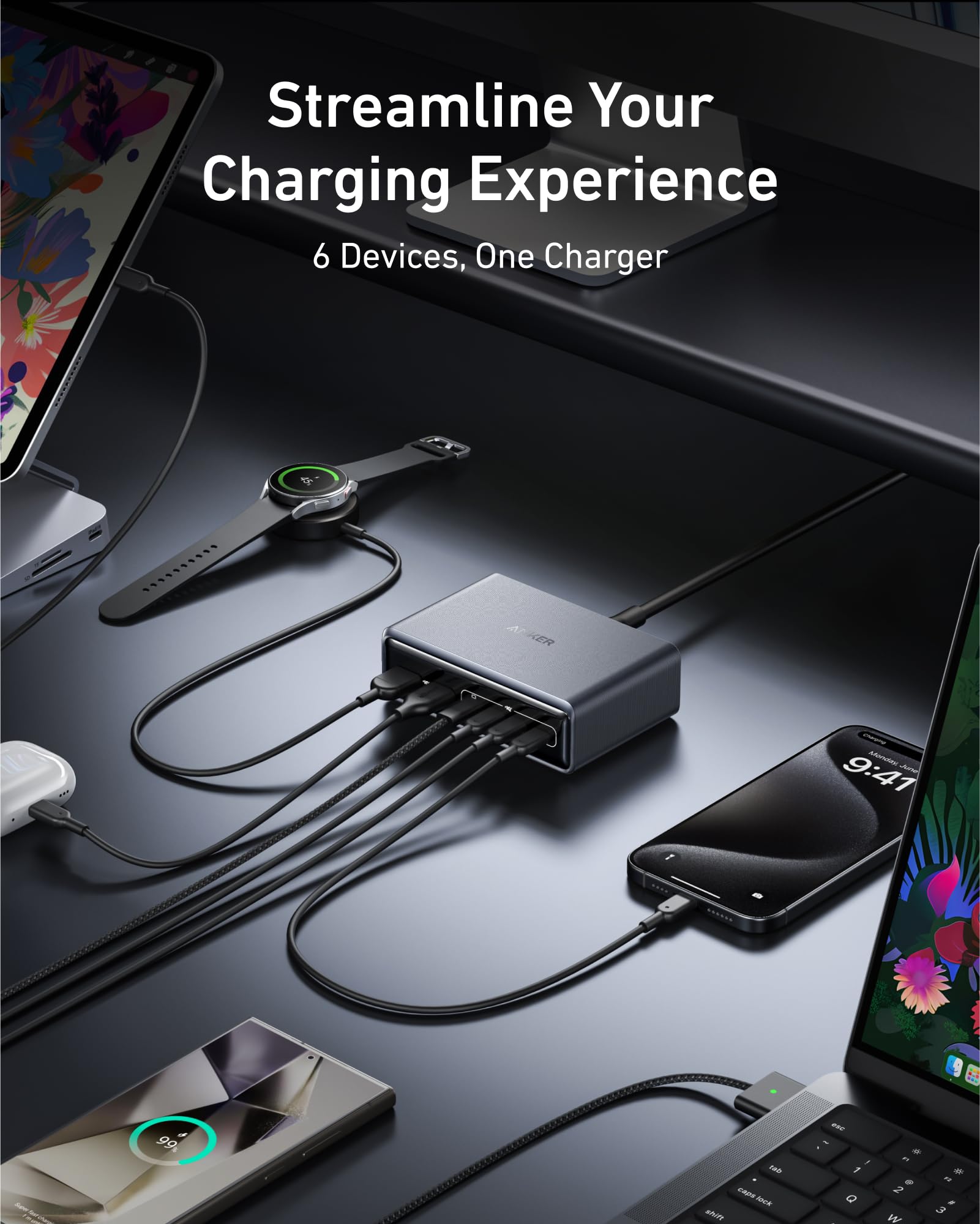 Anker Prime en uso sobre escritorio cargando varios dispositivos