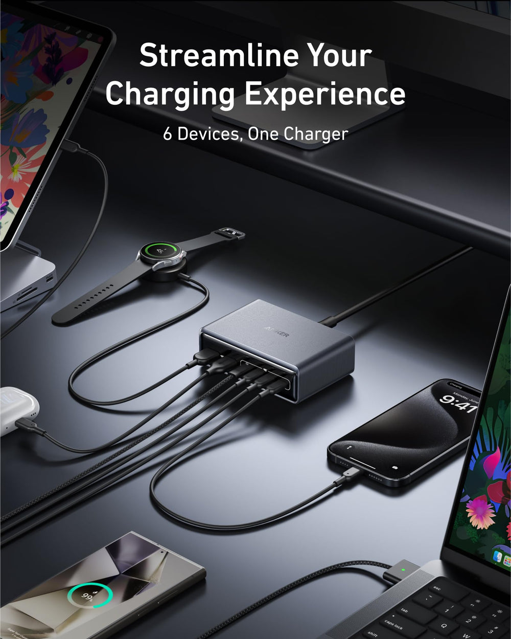 Anker Prime en uso sobre escritorio cargando varios dispositivos