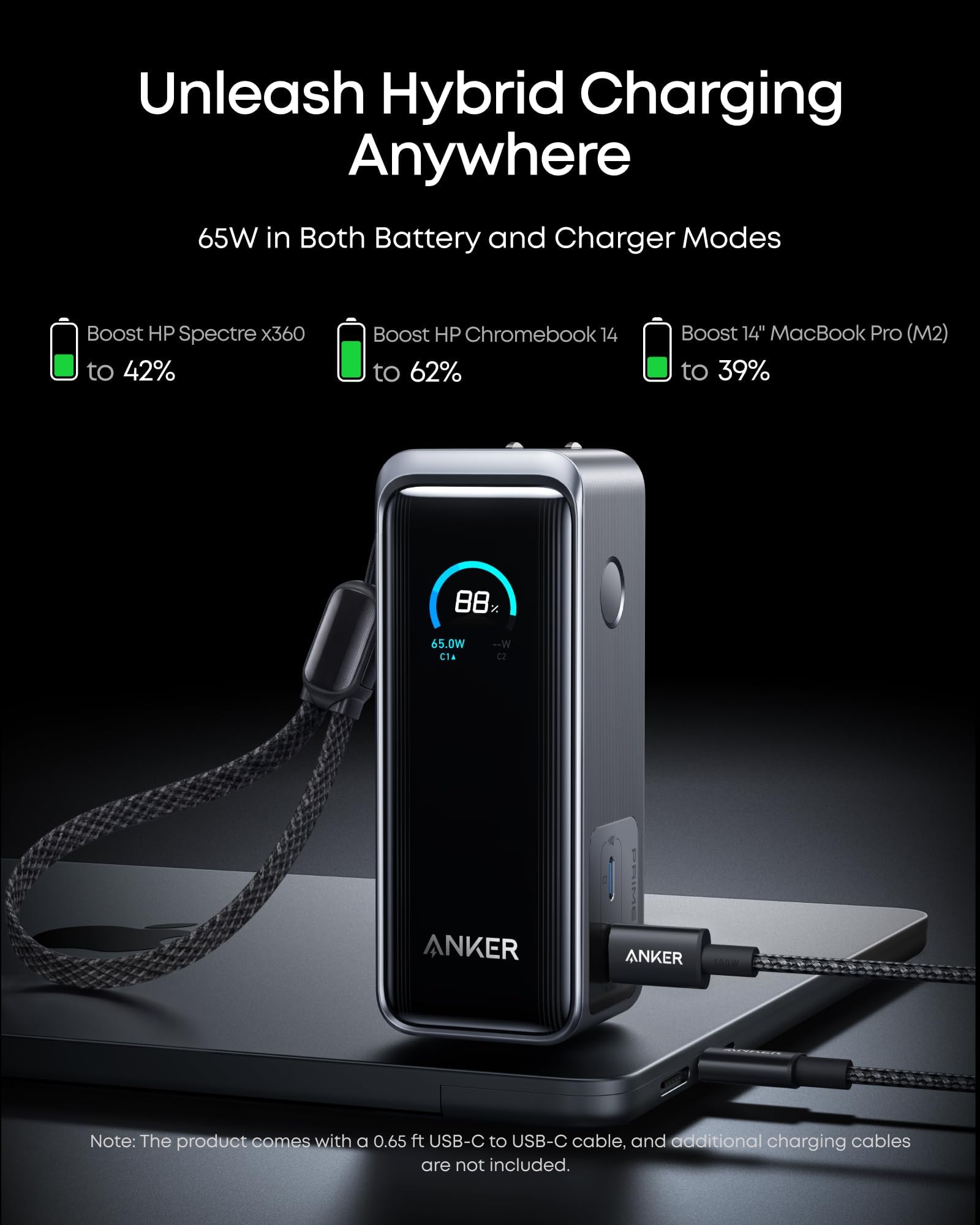 Anker Prime cargando un MacBook Pro en una mesa de trabajo portátil