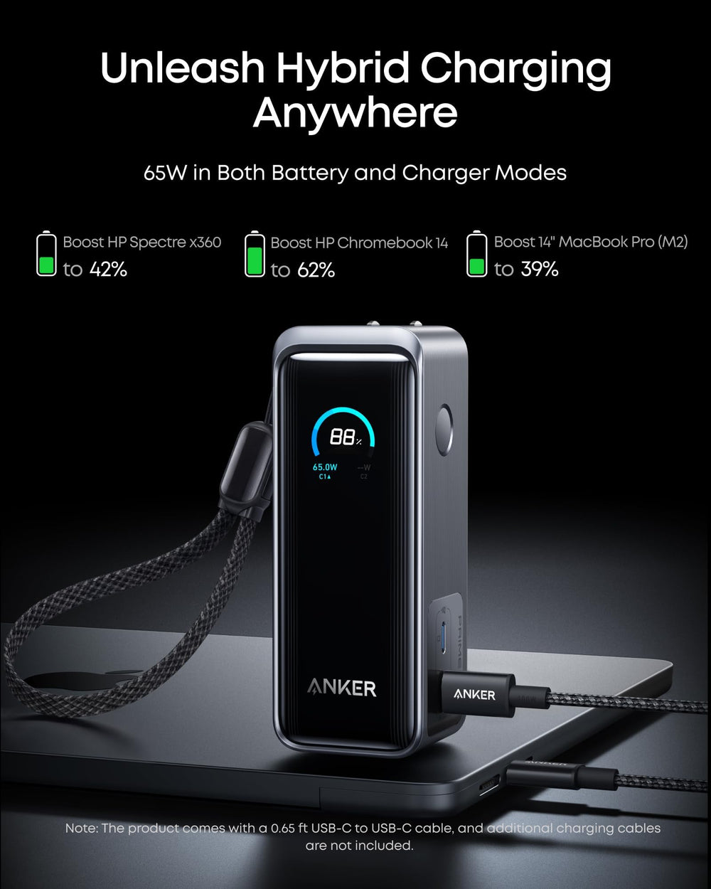 Anker Prime cargando un MacBook Pro en una mesa de trabajo portátil