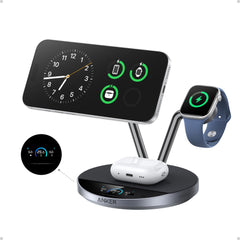 Anker Prime vista frontal con iPhone, Apple Watch y AirPods cargando, organiza dispositivos