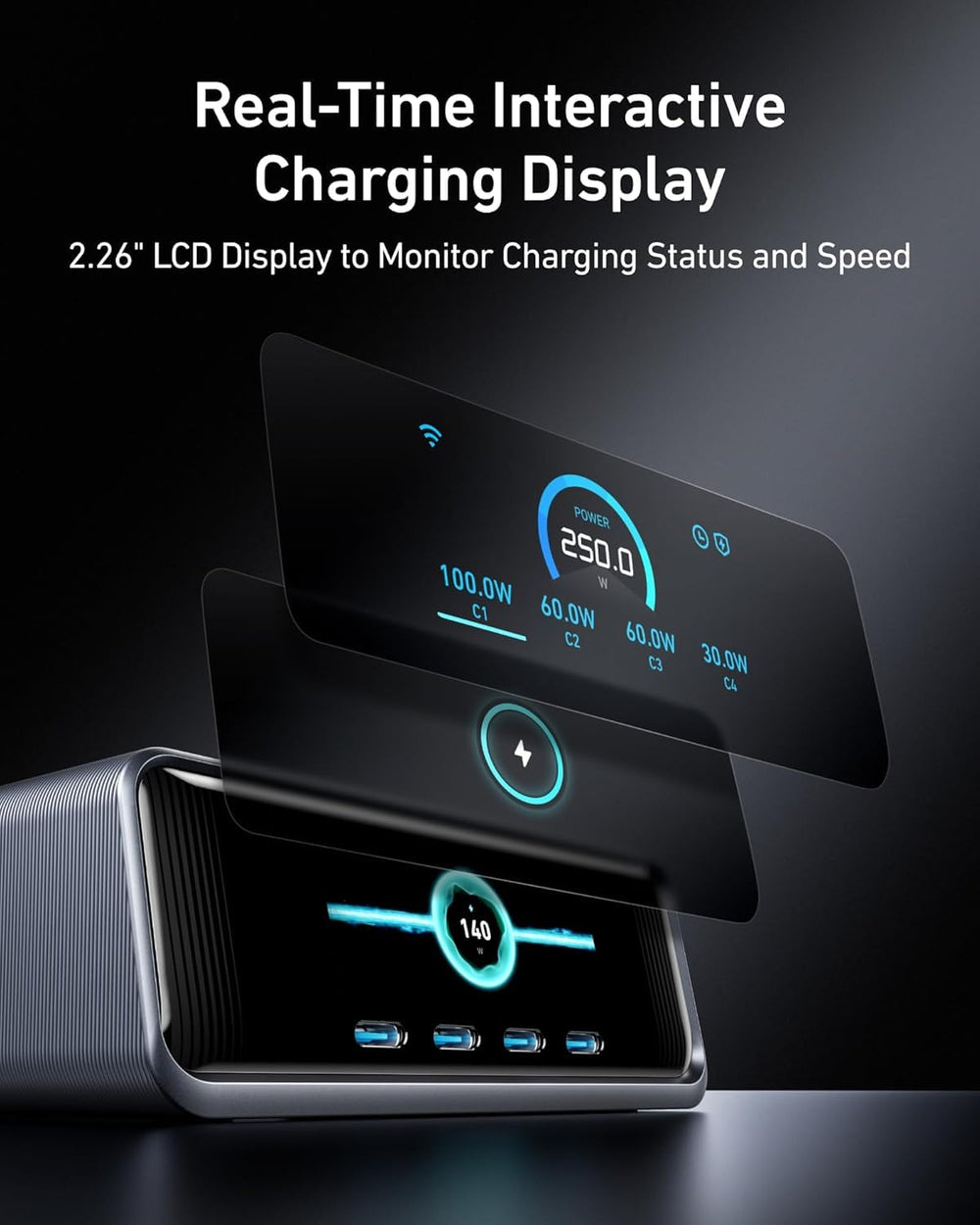 Anker Prime puertos USB‑C y USB‑A con cables conectados demostrando carga simultánea eficiente