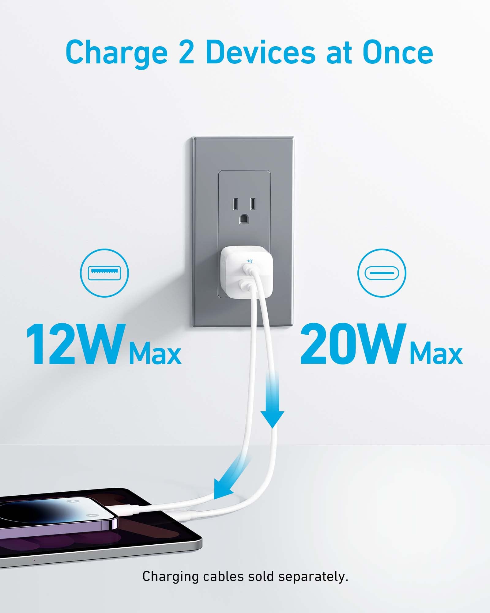 Anker puertos USB-C y USB-A visibles, carga simultánea y versátil