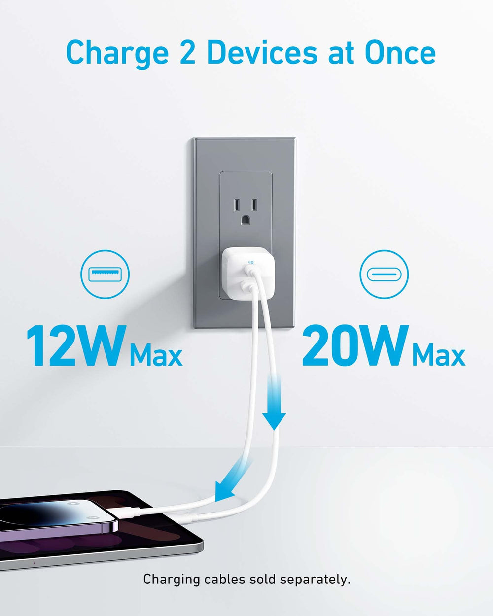Anker puertos USB-C y USB-A visibles, carga simultánea y versátil